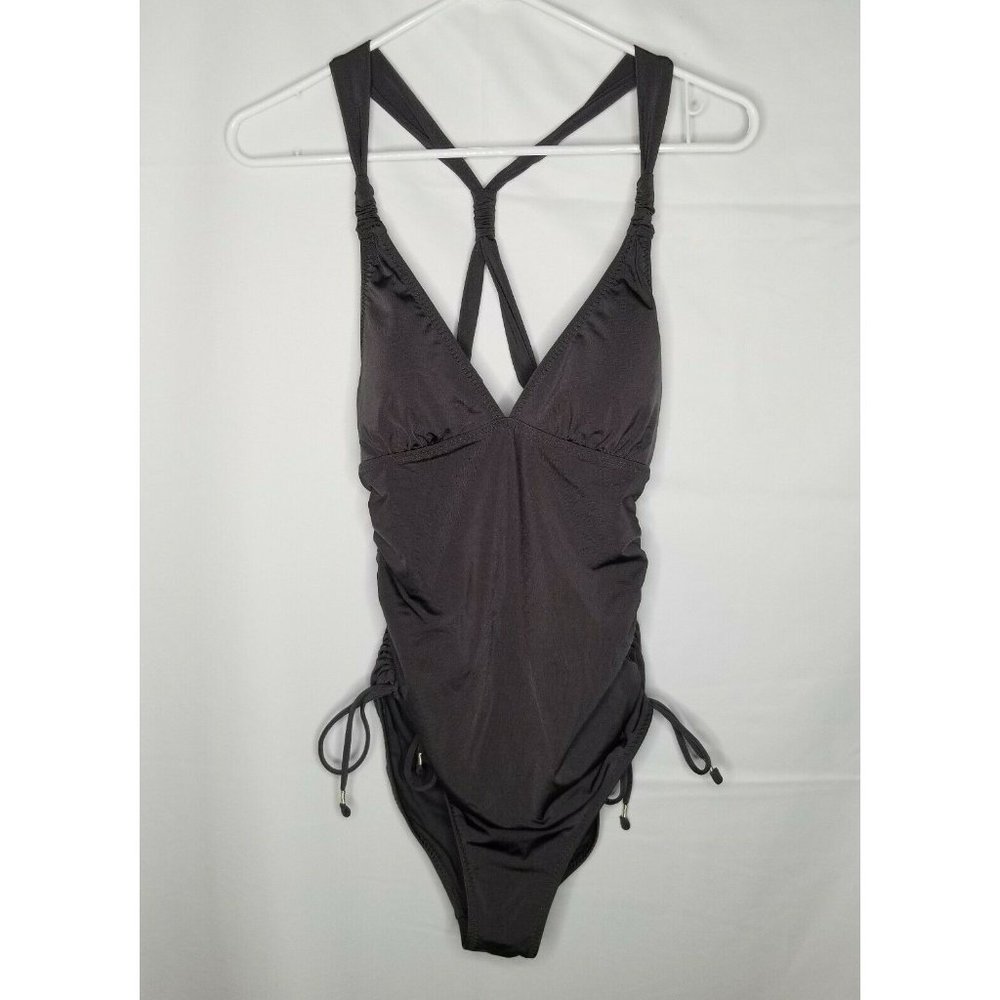 Athleta One Piece Swimsuit Gray Women's Size S Ruched Backless Strappy